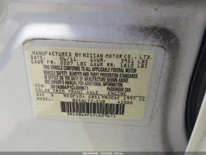 2012 Nissan Sentra 2.0 S VIN: 3N1AB6AP1CL609671 Lot: 43344456