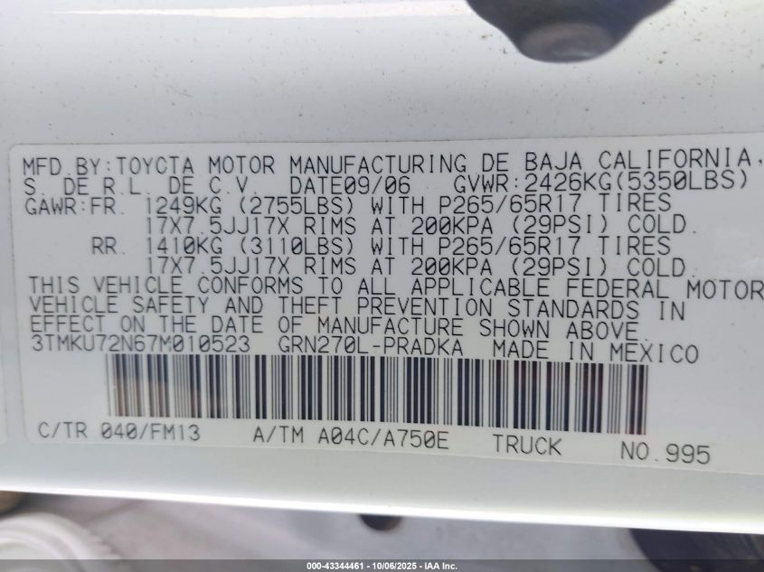 2007 Toyota Tacoma Prerunner V6 VIN: 3TMKU72N67M010523 Lot: 43344461