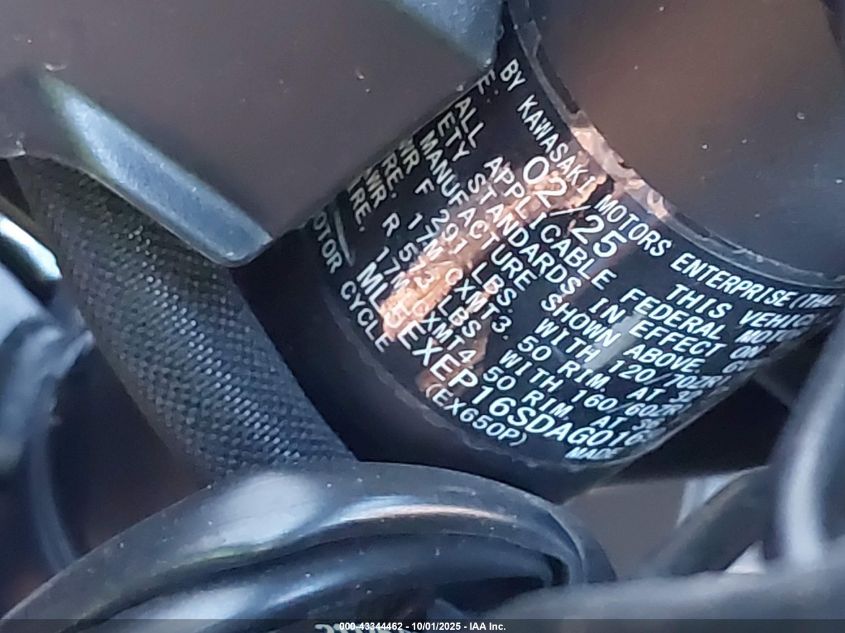 2025 Kawasaki Ex650 P VIN: ML5EXEP16SDAG0169 Lot: 43344462