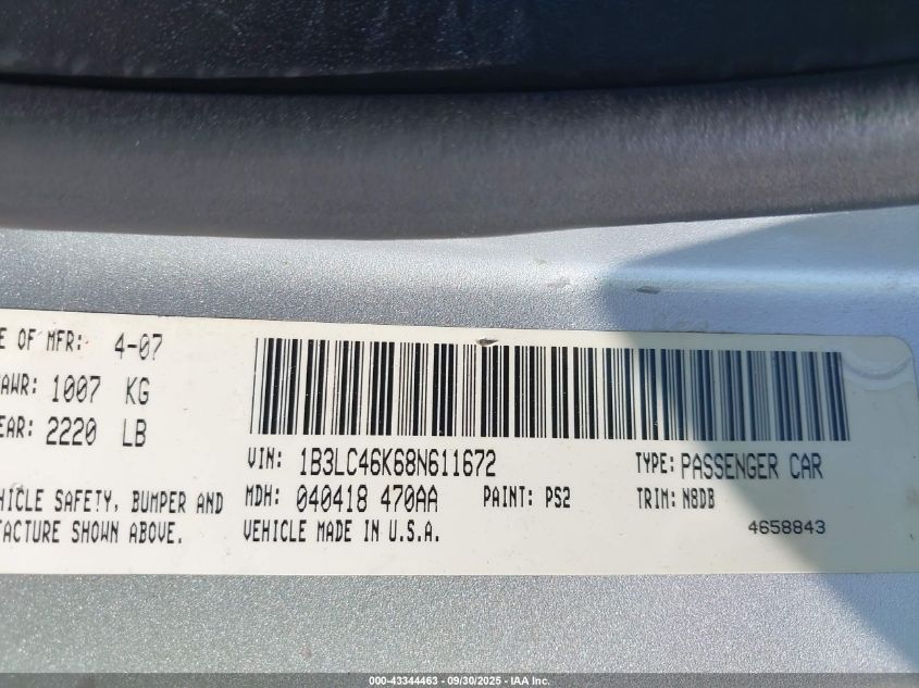 2008 Dodge Avenger Se VIN: 1B3LC46K68N611672 Lot: 43344463