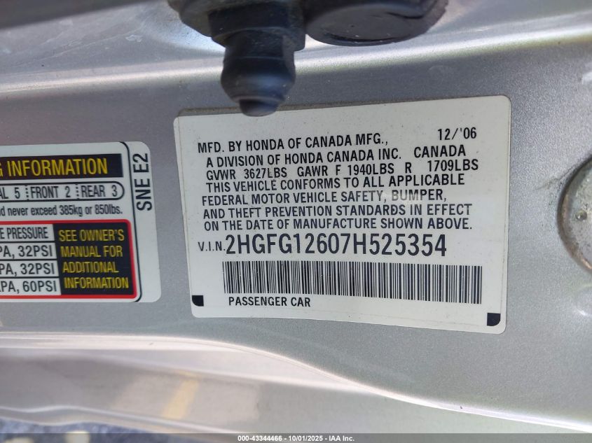 2007 Honda Civic Lx VIN: 2HGFG12607H525354 Lot: 43344466