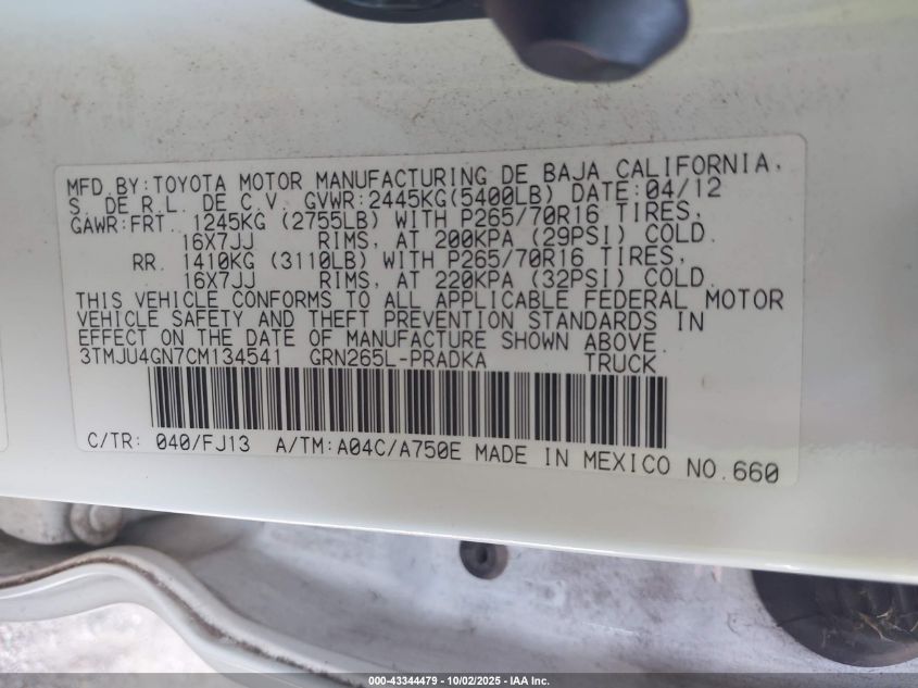 2012 Toyota Tacoma Prerunner V6 VIN: 3TMJU4GN7CM134541 Lot: 43344479