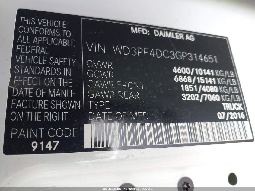 2016 Mercedes-Benz Sprinter 3500 High Roof VIN: WD3PF4DC3GP314651 Lot: 43344480