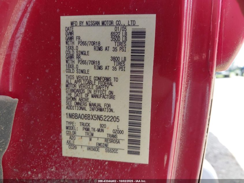 2005 Nissan Titan Se VIN: 1N6BA06BX5N522205 Lot: 43344482