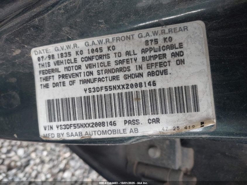 1999 Saab 9-3 Se VIN: YS3DF55NXX2008146 Lot: 43344483