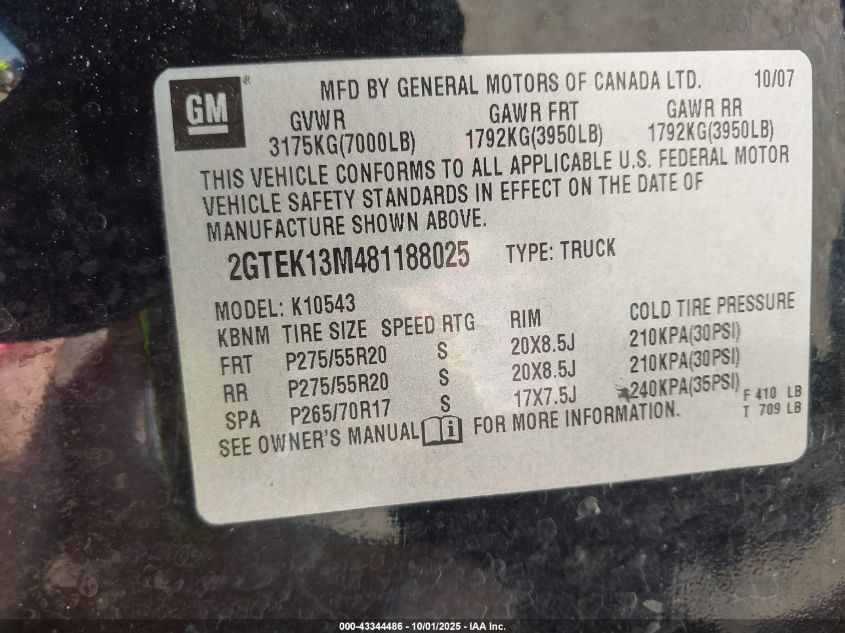 2008 GMC Sierra 1500 Slt VIN: 2GTEK13M481188025 Lot: 43344486