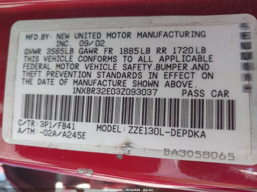 2003 Toyota Corolla Ce VIN: 1NXBR32E03Z093037 Lot: 43344500