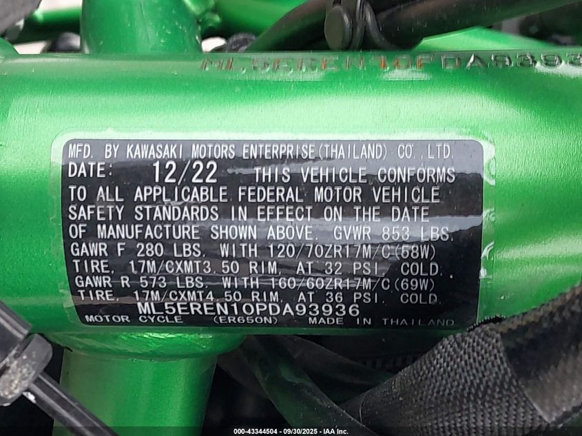 2023 Kawasaki Er650 N VIN: ML5EREN10PDA93936 Lot: 43344504