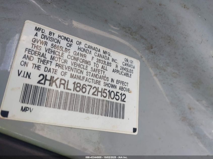 2002 Honda Odyssey Ex VIN: 2HKRL18672H510512 Lot: 43344509