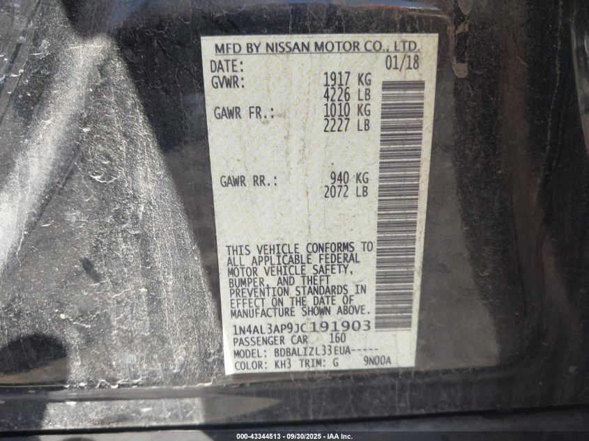 2018 Nissan Altima 2.5 Sv VIN: 1N4AL3AP9JC191903 Lot: 43344513