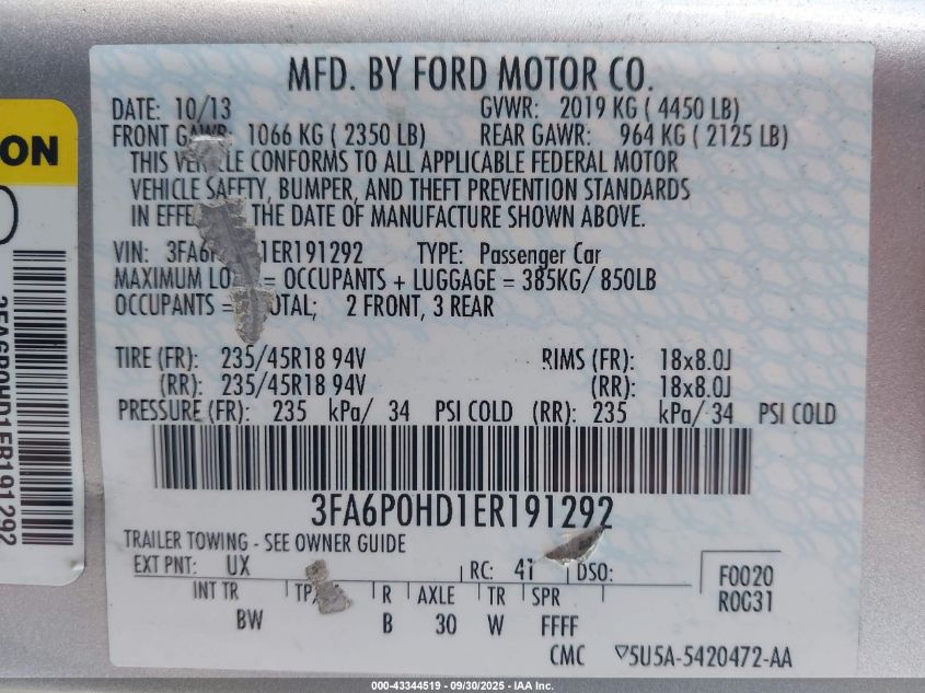 2014 Ford Fusion Se VIN: 3FA6P0HD1ER191292 Lot: 43344519