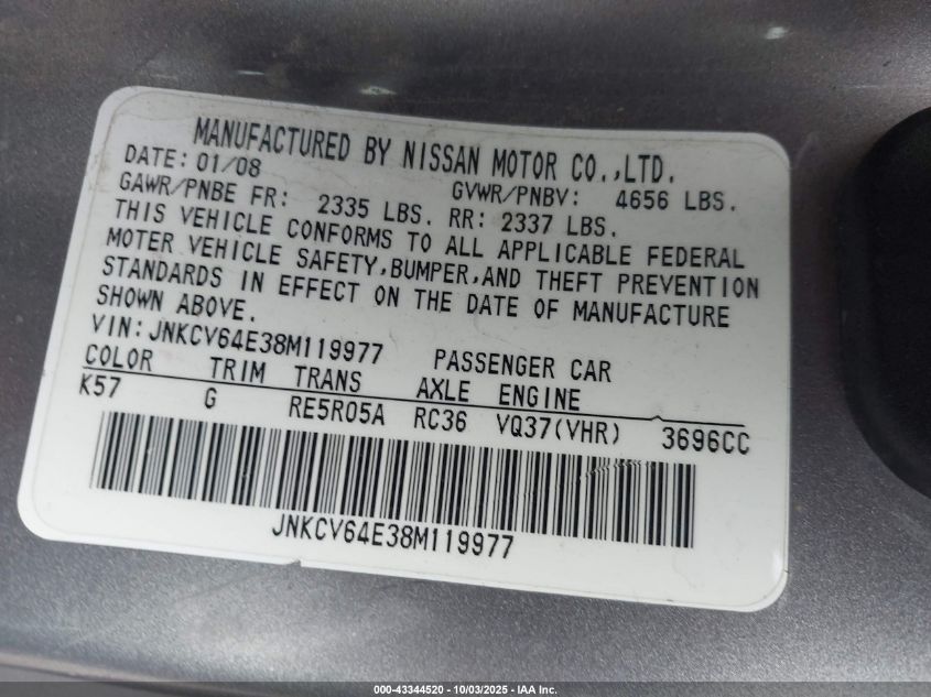 2008 Infiniti G37 Journey VIN: JNKCV64E38M119977 Lot: 43344520