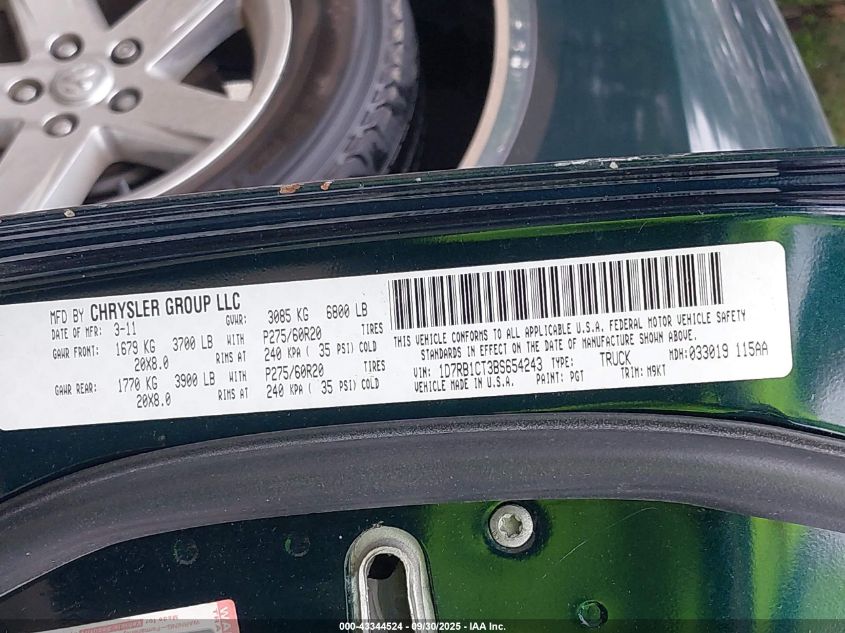 2011 Ram Ram 1500 Slt VIN: 1D7RB1CT3BS654243 Lot: 43344524