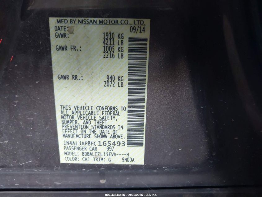 2015 Nissan Altima 2.5 Sv VIN: 1N4AL3AP8FC165493 Lot: 43344526