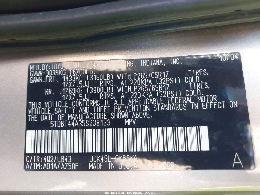 2005 Toyota Sequoia Sr5 V8 VIN: 5TDBT44A35S238133 Lot: 43344533