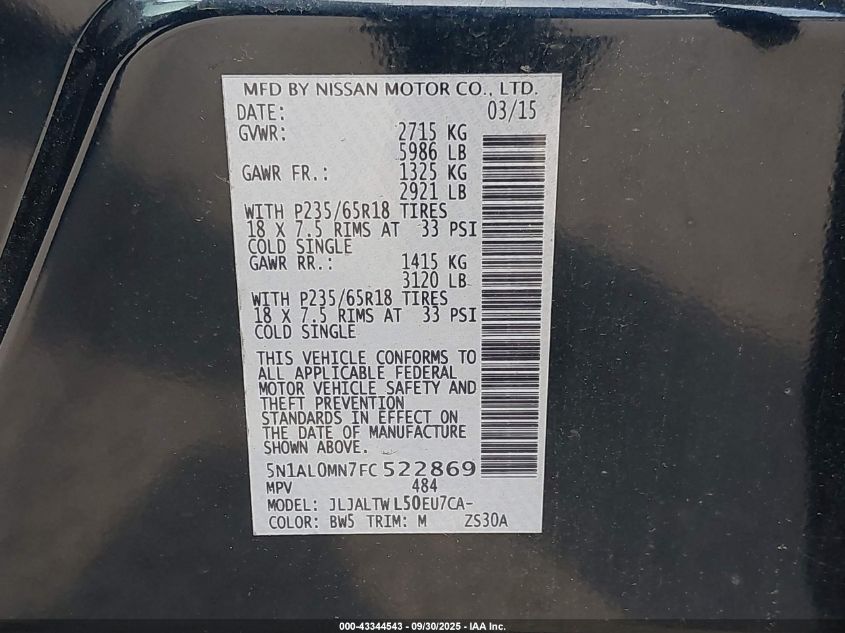 2015 Infiniti Qx60 VIN: 5N1AL0MN7FC522869 Lot: 43344543