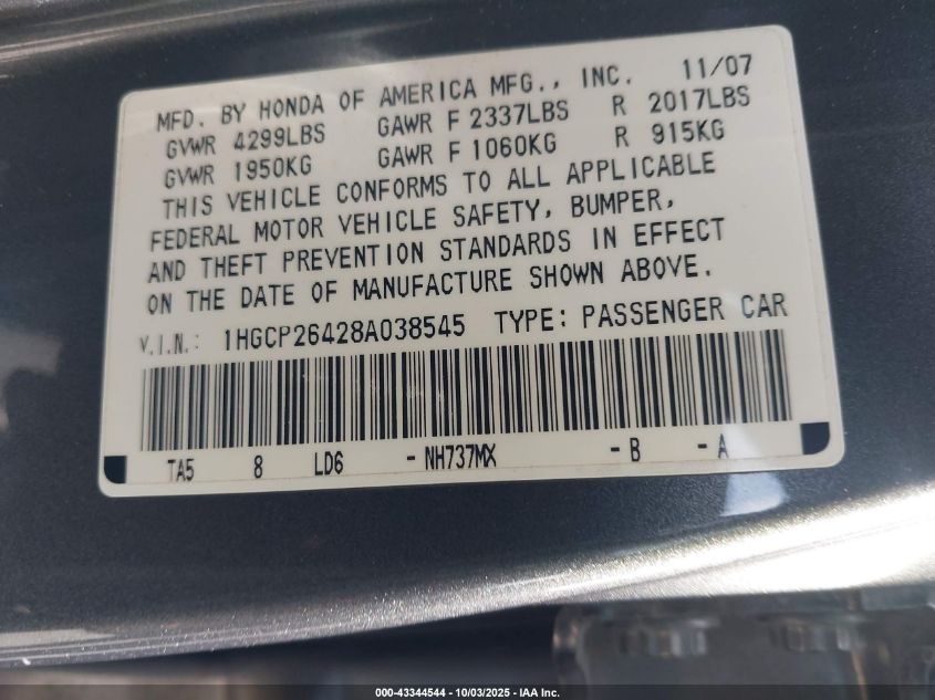 2008 Honda Accord 2.4 Lx-P VIN: 1HGCP26428A038545 Lot: 43344544
