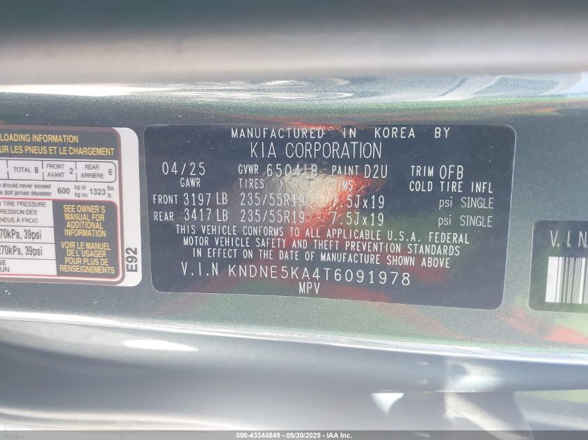 2026 Kia Carnival Mpv Hybrid Sx VIN: KNDNE5KA4T6091978 Lot: 43344549