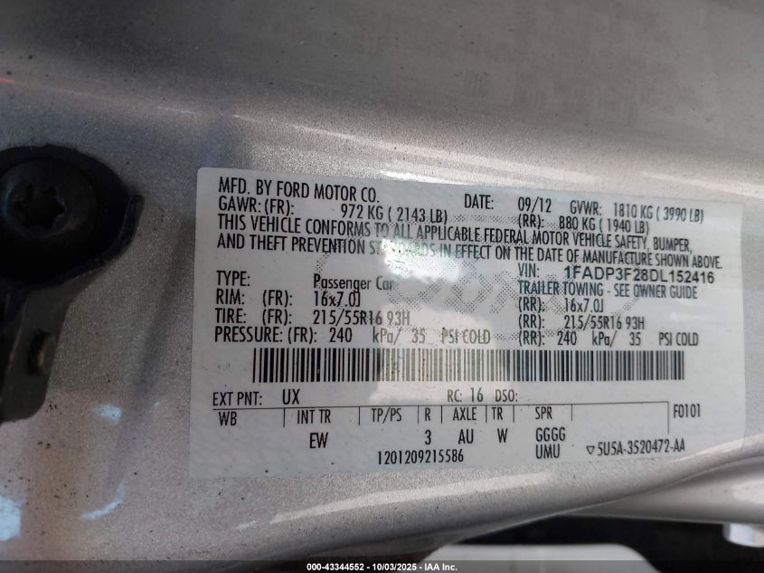 2013 Ford Focus Se VIN: 1FADP3F28DL152416 Lot: 43344552