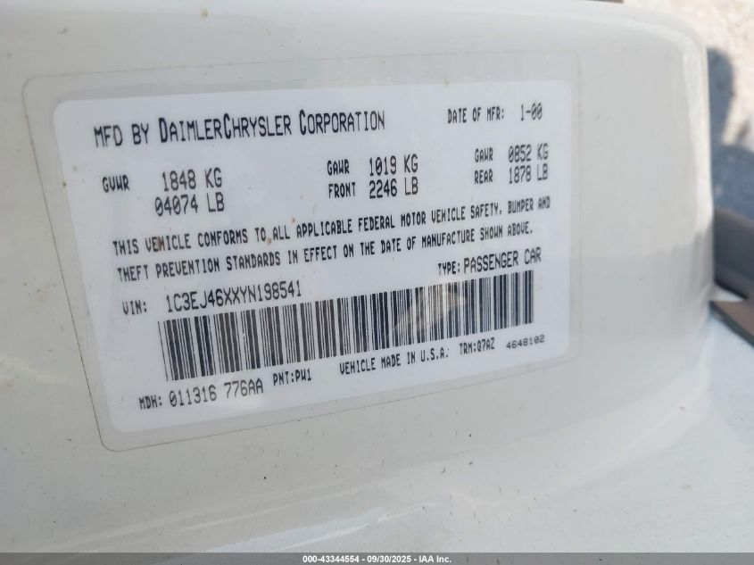 2000 Chrysler Cirrus Lx VIN: 1C3EJ46XXYN198541 Lot: 43344554