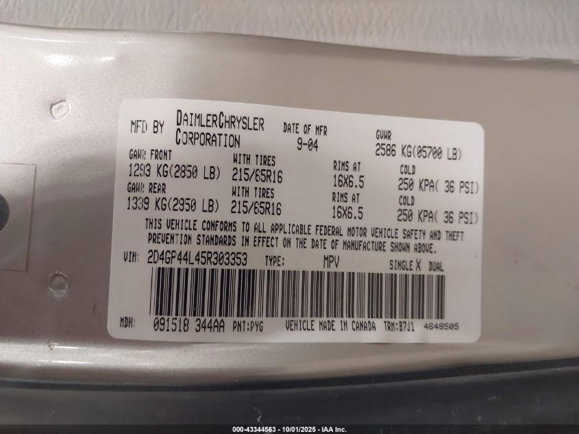 2005 Dodge Grand Caravan Sxt VIN: 2D4GP44L45R303353 Lot: 43344563