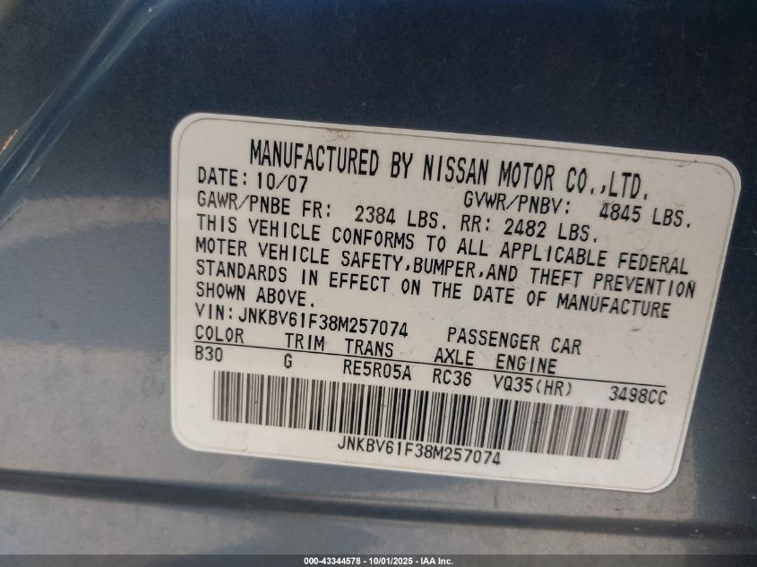 2008 Infiniti G35X VIN: JNKBV61F38M257074 Lot: 43344578