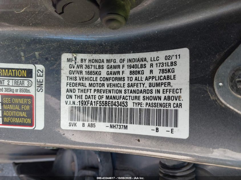 2011 Honda Civic Lx VIN: 19XFA1F55BE043453 Lot: 43344617