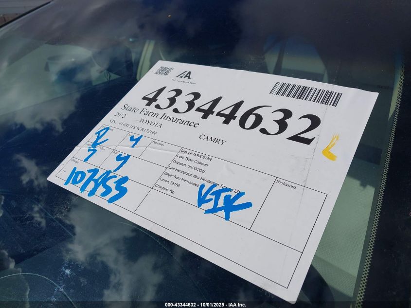 2012 Toyota Camry Le VIN: 4T4BF1FK9CR178140 Lot: 43344632