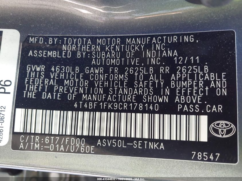 2012 Toyota Camry Le VIN: 4T4BF1FK9CR178140 Lot: 43344632