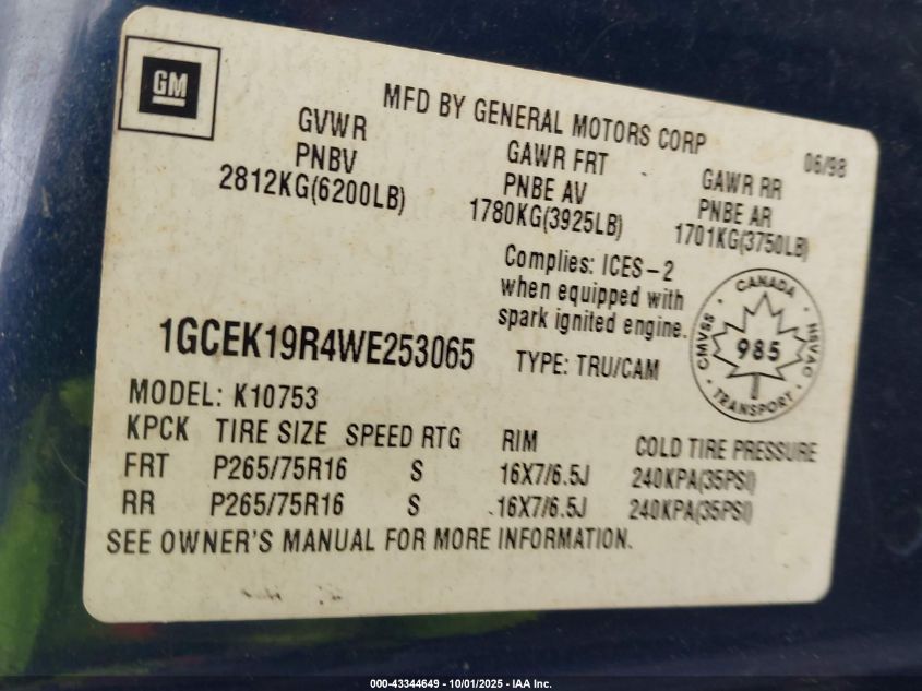 1998 Chevrolet K1500 Fleetside/Silverado Fleetside/Sportside VIN: 1GCEK19R4WE253065 Lot: 43344649