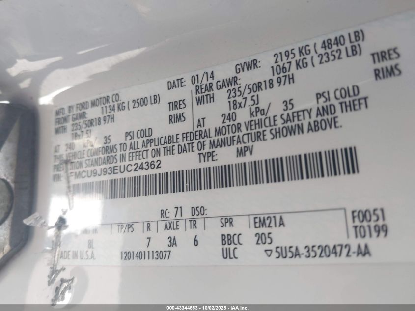 2014 Ford Escape Titanium VIN: 1FMCU9J93EUC24362 Lot: 43344653