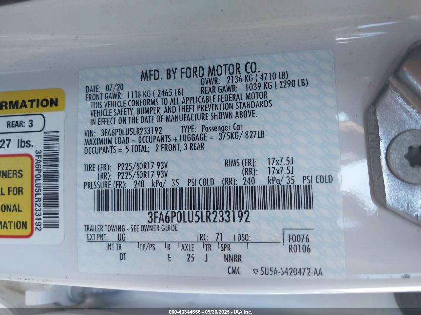 2020 Ford Fusion Hybrid Se VIN: 3FA6P0LU5LR233192 Lot: 43344656