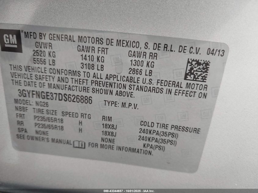 2013 Cadillac Srx Luxury Collection VIN: 3GYFNGE37DS626886 Lot: 43344657