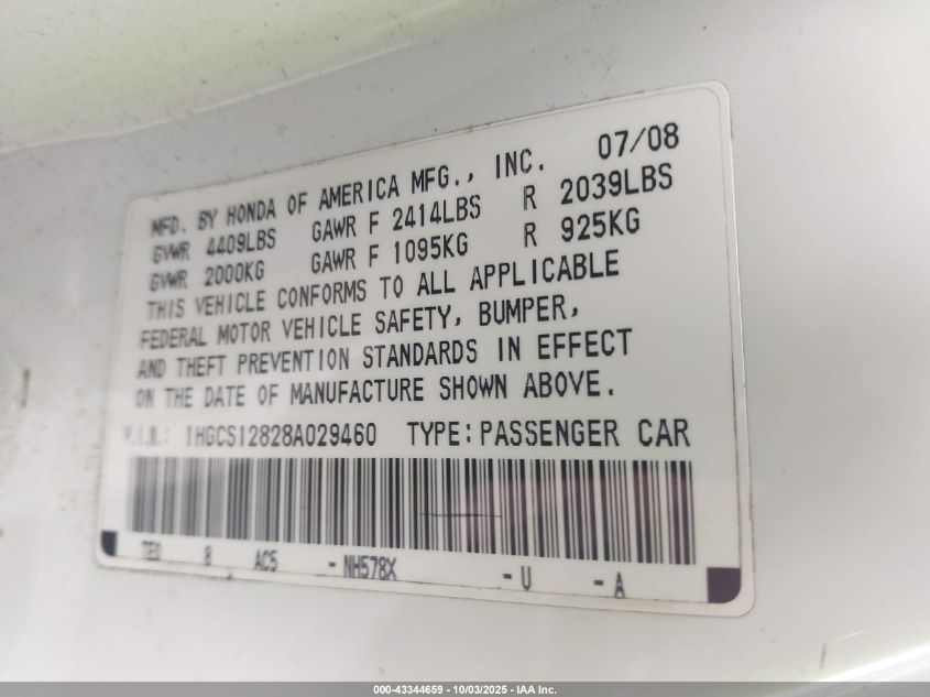 2008 Honda Accord 2.4 Ex-L VIN: 1HGCS12828A029460 Lot: 43344659