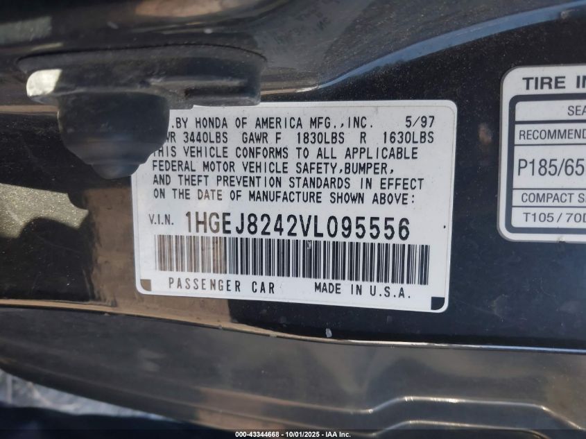 1997 Honda Civic Ex VIN: 1HGEJ8242VL095556 Lot: 43344668