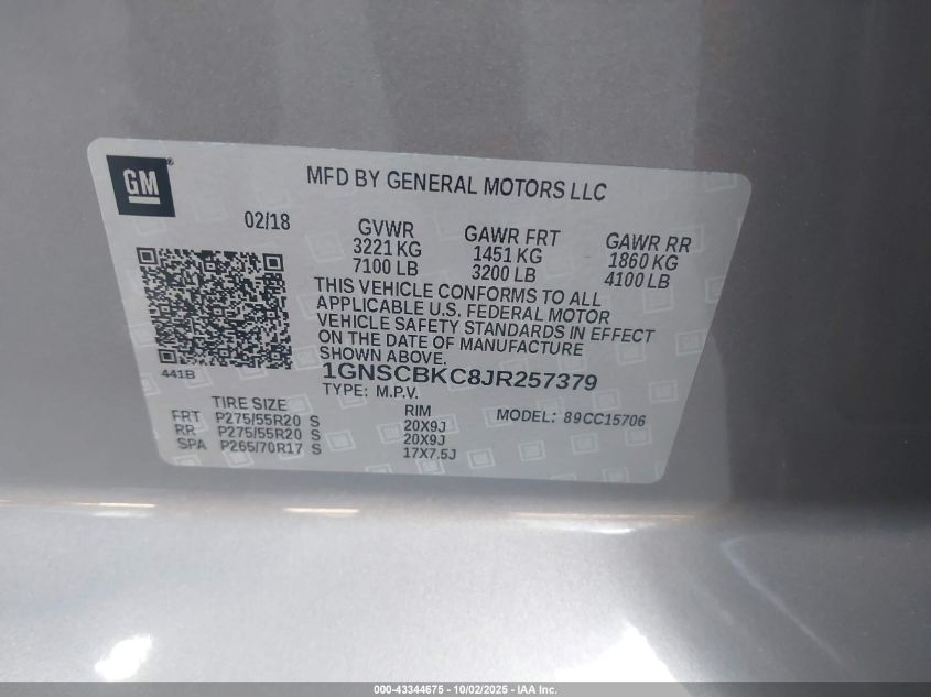 2018 Chevrolet Tahoe Lt VIN: 1GNSCBKC8JR257379 Lot: 43344675