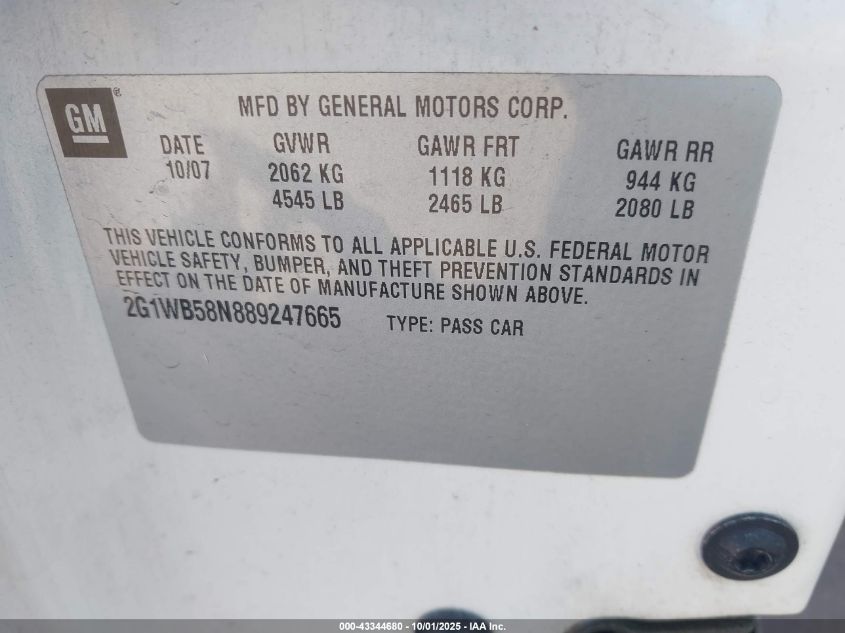 2008 Chevrolet Impala Ls VIN: 2G1WB58N889247665 Lot: 43344680