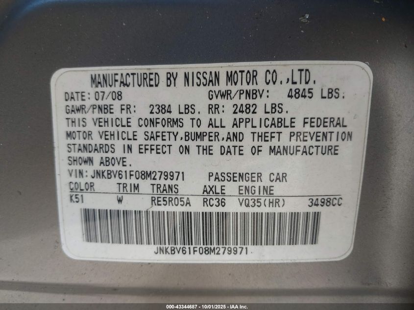 2008 Infiniti G35X VIN: JNKBV61F08M279971 Lot: 43344687