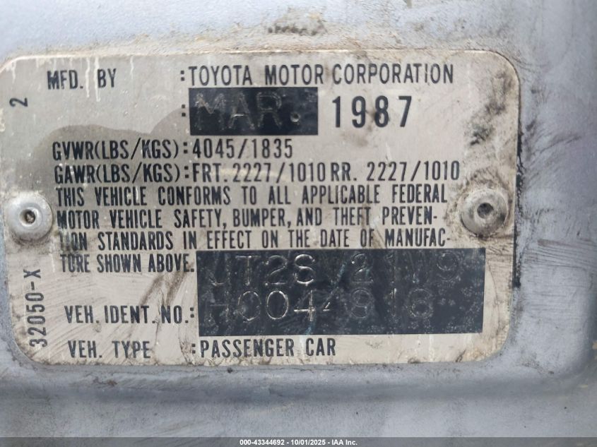 1987 Toyota Camry VIN: V90160303NK Lot: 43344692