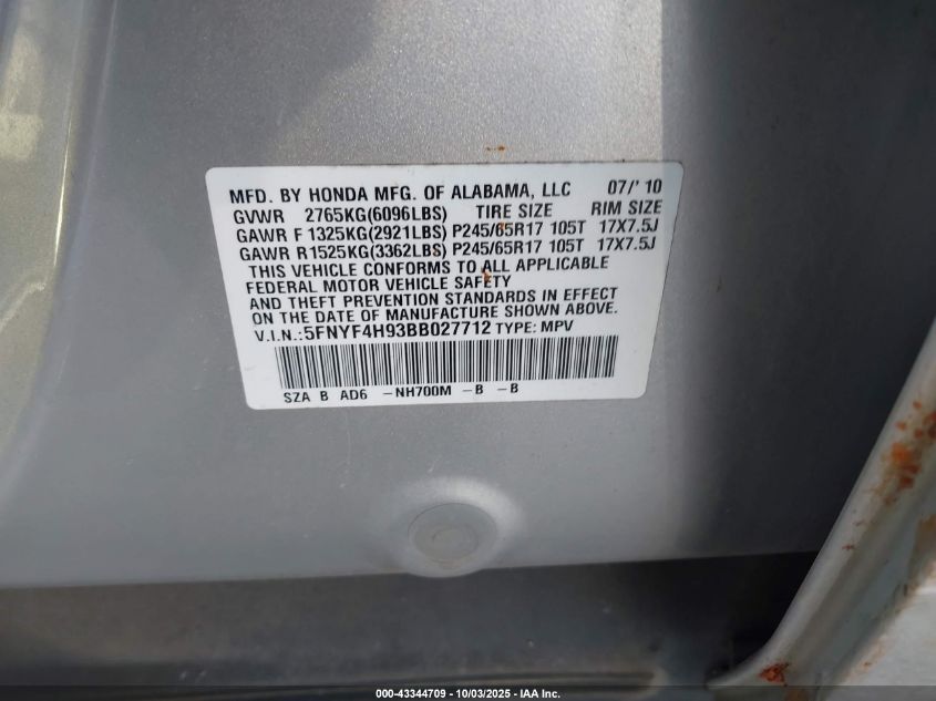 2011 Honda Pilot Touring VIN: 5FNYF4H93BB027712 Lot: 43344709