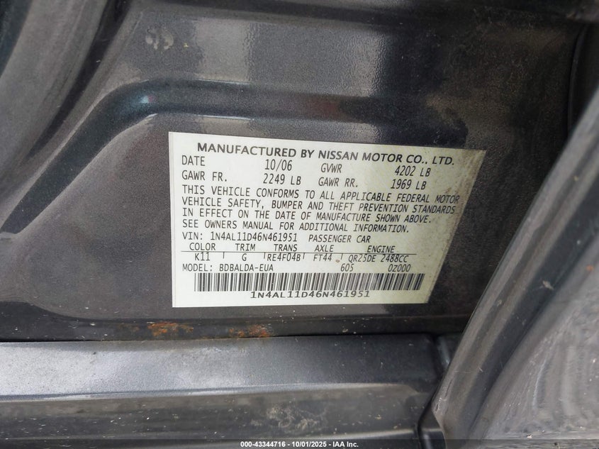 2006 Nissan Altima 2.5 S VIN: 1N4AL11D46N461951 Lot: 43344716