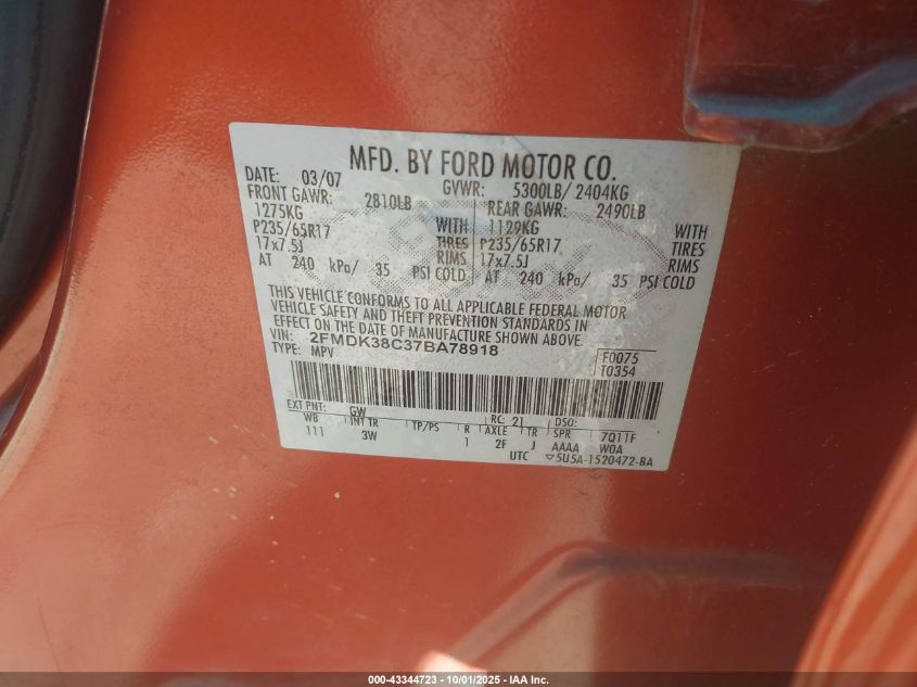 2007 Ford Edge Sel VIN: 2FMDK38C37BA78918 Lot: 43344723