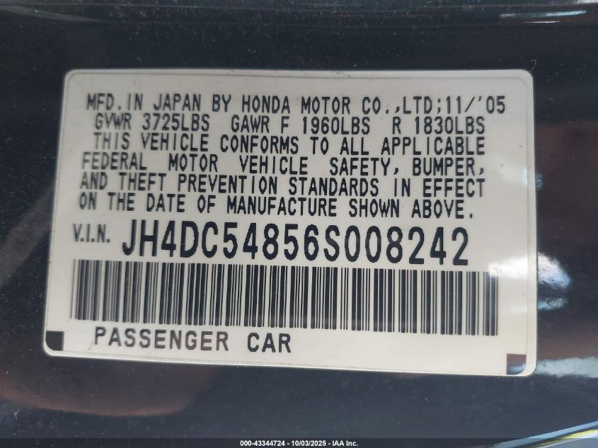 2006 Acura Rsx VIN: JH4DC54856S008242 Lot: 43344724