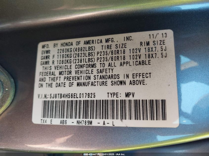 2014 Acura Rdx VIN: 5J8TB4H56EL017925 Lot: 43344739