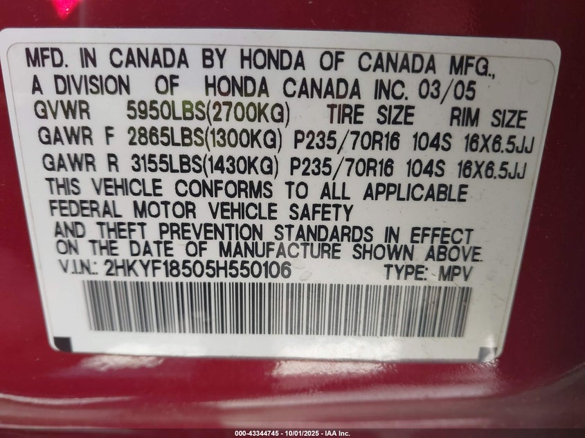 2005 Honda Pilot Ex-L VIN: 2HKYF18505H550106 Lot: 43344745