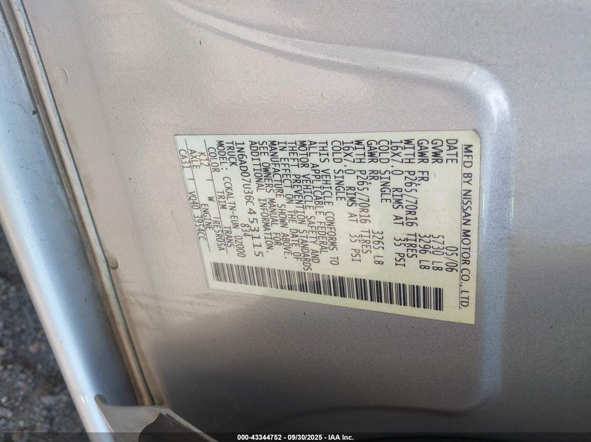2006 Nissan Frontier Se VIN: 1N6AD07U36C453115 Lot: 43344752