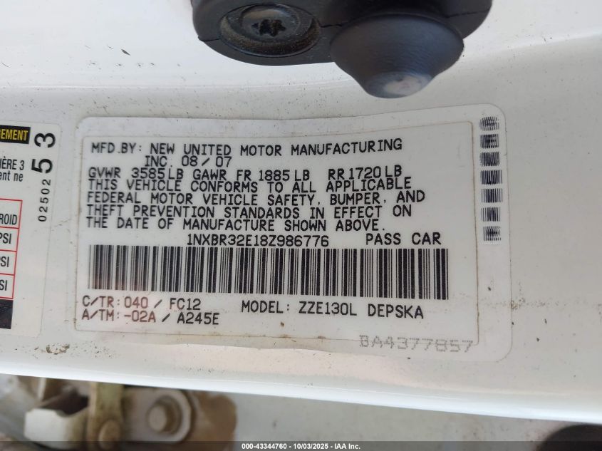 2008 Toyota Corolla S VIN: 1NXBR32E18Z986776 Lot: 43344760