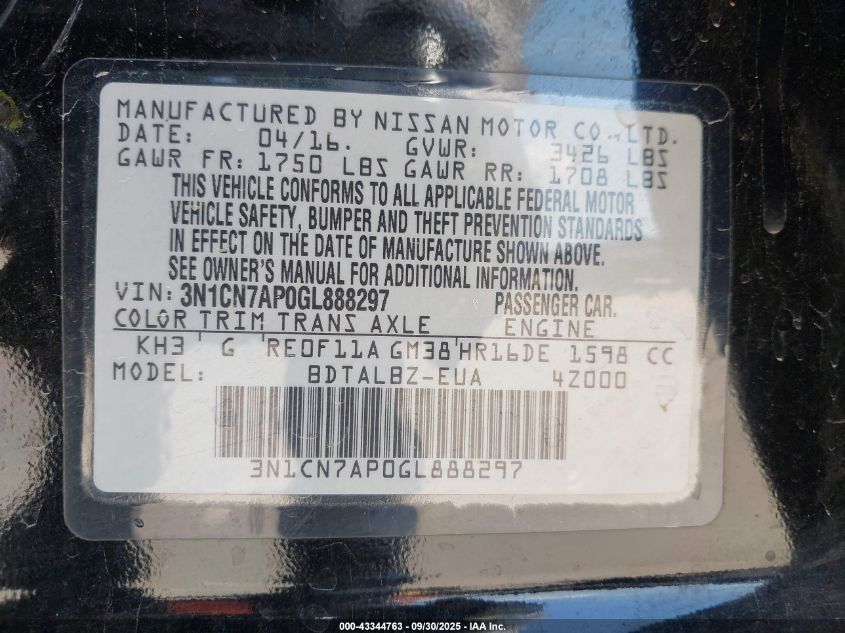 2016 Nissan Versa 1.6 S/1.6 S+/1.6 Sl/1.6 Sv VIN: 3N1CN7AP0GL888297 Lot: 43344763