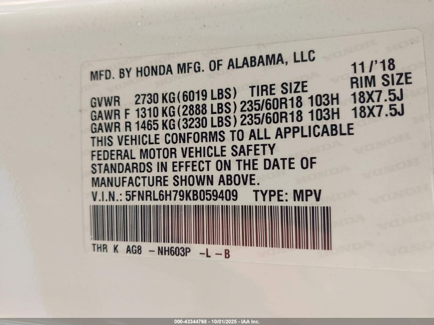 2019 Honda Odyssey Ex-L VIN: 5FNRL6H79KB059409 Lot: 43344768