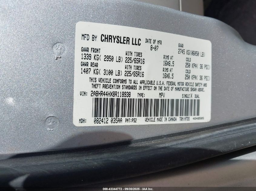 2008 Chrysler Town & Country Lx VIN: 2A8HR44HX8R118938 Lot: 43344772